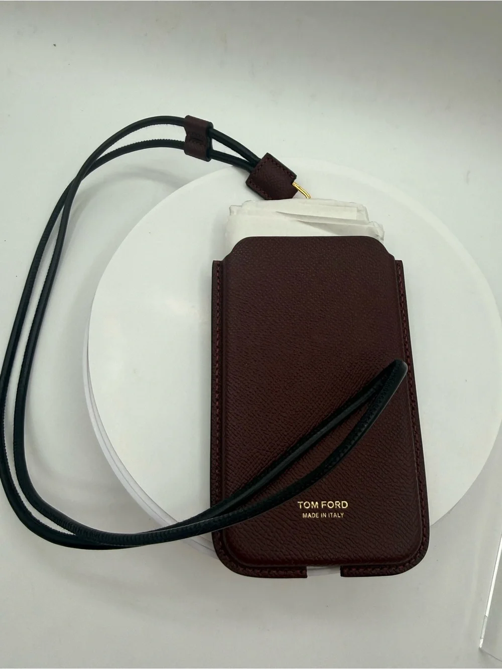 Tom Ford Burgundy Leather Phone Pouch with Black Strap